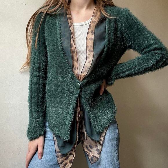 Vintage Unbranded Green Fuzzy Cheetah Print Cardigan Small - Picture 2 of 3